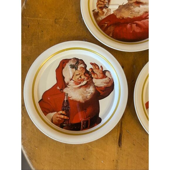 COCA COLA SANTA COASTERS TRAYS METAL SET OF 5 USED COKE VINTAGE ADVERTISING (537 - Picture 2 of 7